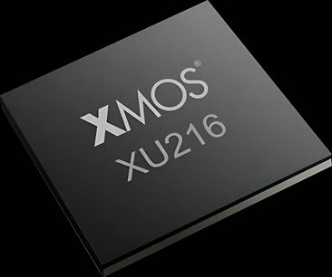 Melna "XMOS XU216" brošūra ar sudraba krāsas reljefu logo un tekstu uz vāka, skatīta no augšas