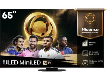 Hisense 65U8Q svart högupplöst TV med tunn ram i metall och plast, platt 65-tumsskärm visad, placerad på en diskret central fot, sedd framifrån