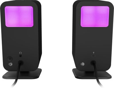 PC-højttalere 2.1 Klipsch Promedia Lumina 2.1 sorte med lyserød LED-front, to satellit-højttalere på fod, set forfra