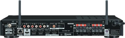 Pioneer VSX-S520D sort hjemmebiografsforstærker, bagside, audio/video-tilslutninger, Wi-Fi-antenner, nærbillede