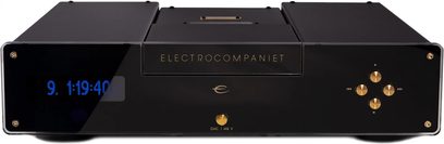 Electrocompaniet EMC-1 UP MKV sort CD-afspiller, front med blå display, gylden skuffe, 5 gyldne knapper, enkel og elegant