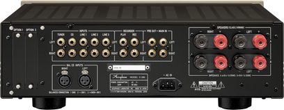 Bagfra af en integreret stereo hi-fi forstærker E-280, forgyldte RCA-stik, XLR-indgange, højttalerterminaler, strømstik