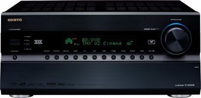 Onkyo TX-NR5008 hjemmebiografsforstærker, sort front, blå LCD-skærm, mange knapper, volumenkontrol, USB-port