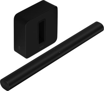Sonos ARC + SUB (3. gen.) sort soundbar, set forfra og fra siden, rektangulær forlænget form, mat sort finish