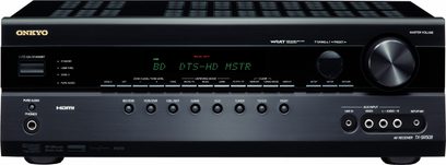 Amplificatore home theater Onkyo TX-SR508 nero, pannello frontale con display, pulsanti e manopole di regolazione