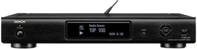 Denon DNP-720AE sort netværksaudioafspiller, frontvisning, sort front med LCD-skærm, knapper og stik