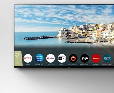 Panasonic TX-48JZ980E-fladskærm, der viser et farverigt billede af en havn med bygninger og både, set forfra