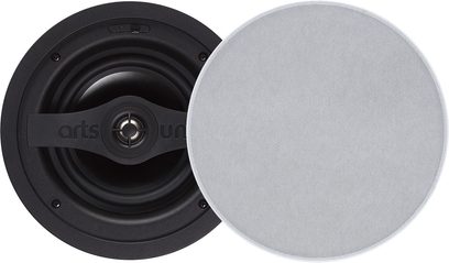 Altavoz empotrable ArtSound SMART IN SINGLE, vista frontal, rejilla circular blanca, altavoz negro visible a la izquierda