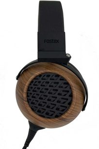 Offener kabelgebundener Hi-Fi-Kopfhörer Fostex TH808 mit schwarzem Bügel, runden Ohrmuscheln aus Holz und schwarzem Gitter mit geometrischen Mustern