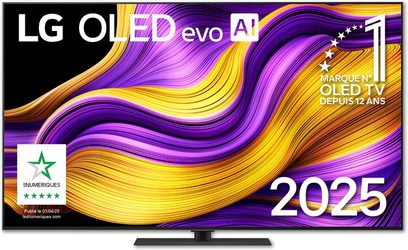LG OLED65G5 2025, sort højopløsnings-tv, glasdisplay med ultratynd metalramme og fladt centralt fodstativ, set forfra