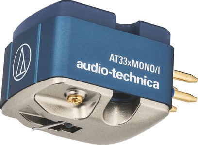 Testina phono Audio-Technica AT33xMONO/I, corpo metallico blu, base argentata, contatti dorati, vista a tre quarti
