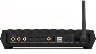 Triangle Capella 2 tilslutningsboks sort, set bagfra med antenne, HDMI ARC, USB, Ethernet og lydindgange