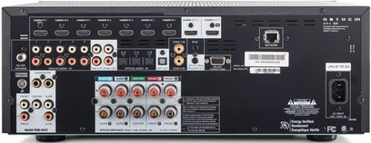 Anthem MRX-520 sort hjemmebiografsforstærker, bagside, audio/video-tilslutninger, højttalerstik og antennetilslutning, mærkningsetiket med specifikationer