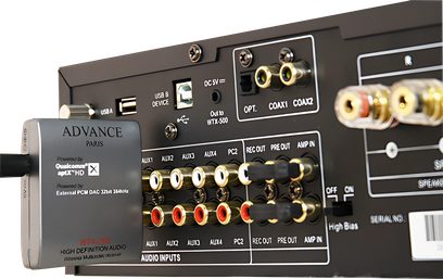 Frontvue af den trådløse sender Advance Paris WTX-700 med audio-stik og indstillinger på sort panel