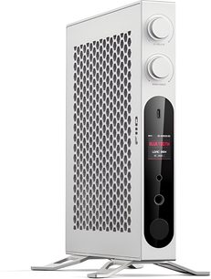 Preamplificatore per cuffie FiiO K19 argento in alluminio, visto di tre quarti dal davanti a sinistra, ampio pannello laterale traforato a nido d’ape, frontale nero lucido con due grandi manopole, piccolo schermo a colori e doppia uscita cuffie, posizionato verticalmente su piedini metallici