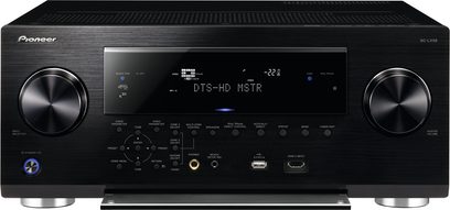 Pioneer SC-LX58 sort hjemmebiografsforstærker, frontpanel, frontvisning, blå skærm, knapper og stik på frontpanelet, 2 drejeknapper