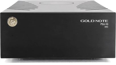 Gold Note PSU-10 EVO sort, separat strømforsyning, set forfra, rektangulært sort kabinet med gylden logo og ventilationshuller