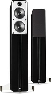 Q Acoustics Concept 40 sort højttaler, lakeret sort, set forfra, to runde højttalere, rektangulært sort kabinet