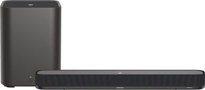 Sennheiser AMBEO Soundbar Mini i matsort rektangulær udgave, med matchende AMBEO Sub subwoofer