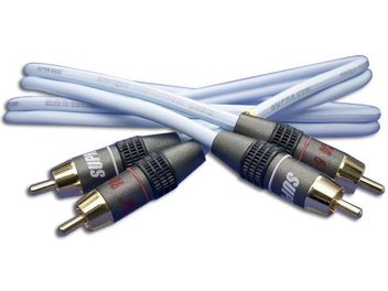 Analogni avdio kabel RCA Supra Dual-RCA 2m, pogled od zgoraj, 4 pozlačeni priključki, bele ovojnice, črn in rdeč tekst