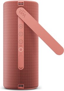 Speaker Bluetooth portatile Loewe We. HEAR 2 rosso corallo, vista frontale con laccetto e pulsanti di comando visibili