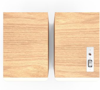 Klipsch The Sevens II vernetzte Lautsprecher Eiche, Draufsicht, Paar aus hellem Holz mit Lautstärkeregler