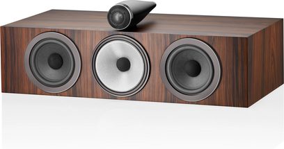 Centrální reproduktor Bowers & Wilkins HTM71 S3 v barvě moka, pohled zepředu, dřevěná skříň, 3 kulaté reproduktory, černý výškový reproduktor nahoře
