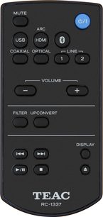 Sort TEAC RC-1337 fjernbetjening med knapper til at styre lydstyrke, USB/HDMI/optisk/koaksial indgange, filter, opskalering og display