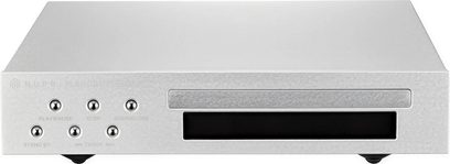 Lettore CD Nuprime CDT-8 Pro argento, vista frontale, forma rettangolare, 6 pulsanti rotondi, fessura per CD, display rettangolare nero