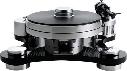 Černý a chromovaný gramofon Transrotor Zet 1 z čelního pohledu, masivní kulatý talíř na trojnožkovém podstavci s tónovým ramenem