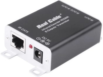 Trådløs infrarød sender Real Cable RC14IR sort med RJ45- og DC 5V-stik, set oppefra og forfra