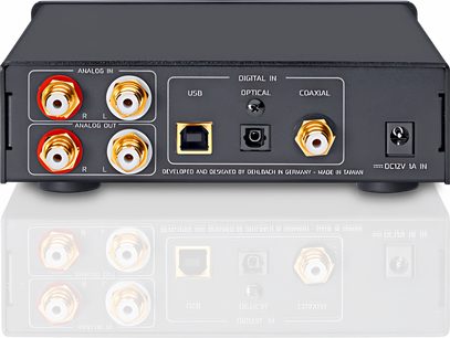 Oehlbach XXL DAC ULTRA sort hovedtelefon-forstærker, frontvisning, digitale og analoge lydstik, hovedtelefonudgange