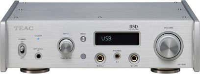 TEAC UD-505 USB sølvfarvet hovedtelefonforstærker, frontvisning, sølvfarvet front med knapper, hovedtelefonstik og USB-stik