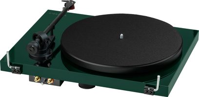 Triangle Lunar 3 grøn pladespiller, skinnende grønt chassis med sort pladetallerken og sort tonearm