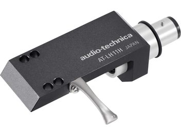 Black Audio-Technica AT-LH11H headshell, rectangular metal body with white logo, silver lever and connector
