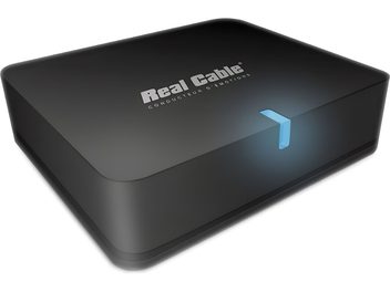 Real Cable iPlug-BTR black wireless transmitter, rounded rectangular shape, silver logo and inscription on top