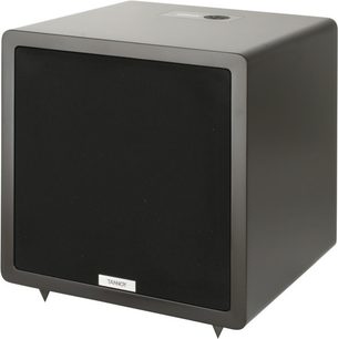 Tannoy TS801 sort subwoofer, set forfra, kubisk form, sort gitter på forsiden, Tannoy-logo nederst til højre