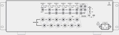 NAD CI 9060 effektforstærker, frontpanel med 6 kanaler, 12 indgange, 12 udgange, 12 højttalere, sikring, AC-hovedindgang