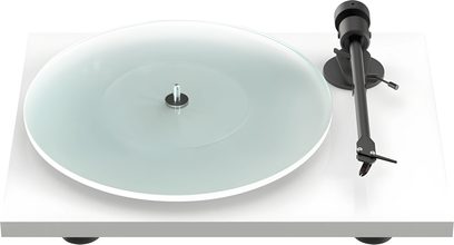 Платівка Pro-Ject T1 EVO біла матова з прозорим круглим диском і чорним тонармом справа