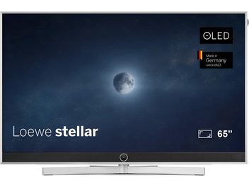 Loewe Stellar 65 DR+ OLED televizorius, pilkas, vaizdas iš priekio su plonų kraštų ekranu, integruota garso juosta ir centriniu stovu