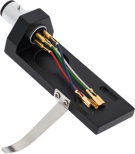 Ortofon LH-4000 pickup-hus, perspektivvisning, sort krop, forgyldte stik, røde, grønne, blå, hvide ledninger, sølvfarvet løftestang
