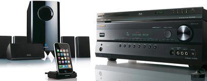 Onkyo HT-BD6315 hjemmebiograf-system, forstærker, højttalere, subwoofer, iPhone-dockingstation, set forfra