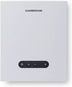 Witte Cambridge Audio L/R M slimme luidspreker, vooraanzicht met zwart touch-bedieningspaneel