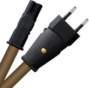 Strømkabel Wireworld Mini Electra 10 Power, sorte stik, metalben, brun kappe, nærbillede