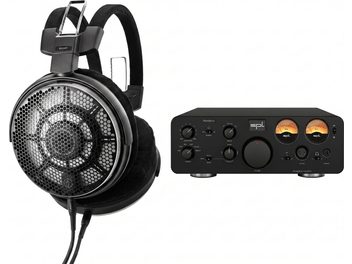 Căști audio deschise negre cu grilă circulară și amplificator de căști SPL Phonitor se cu vu-metre analogice