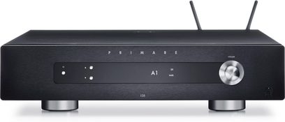 Amplificatore hi-fi stereo Primare I25 Prisma DM36 nero, pannello frontale in alluminio spazzolato, manopole, display LED, connettività