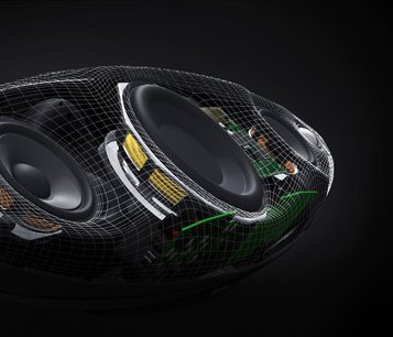 Bowers & Wilkinsi Zeppelin Air juhtmega 3D-vaates, piklik munakujuline kuju, nähtavad kõlarid, must võre