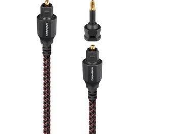 Front view of an Audioquest Cinnamon 0.75 m digital optical cable, black and red braided nylon sleeve, black Toslink connectors with gold-plated tips, and matching mini-optical adapter.