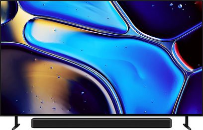 Sony BRAVIA 8 (65XR80) fladskærm, set forfra, abstrakt blå og gul billede, sorte fødder, sort soundbar