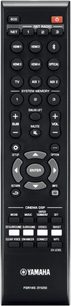 Sort Yamaha YSP-5600 fjernbetjening med runde og rektangulære knapper, set forfra, let skråt ovenfra perspektiv